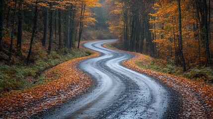 Fototapeta premium a picturesque rural road winding through the heart of an autumn forest with stunning fall foliage offering a scenic and peaceful nature travel experience