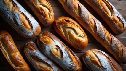 Artisan bread loaves assorted on wooden surface creating an inviting and rustic bakery background ideal for culinary themes and recipes.