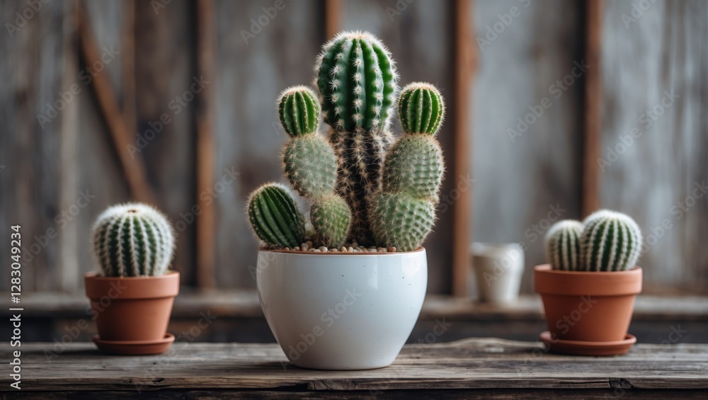 Wall mural Stylish arrangement of cacti in a white planter on a rustic wooden table with additional terracotta pots in the background.