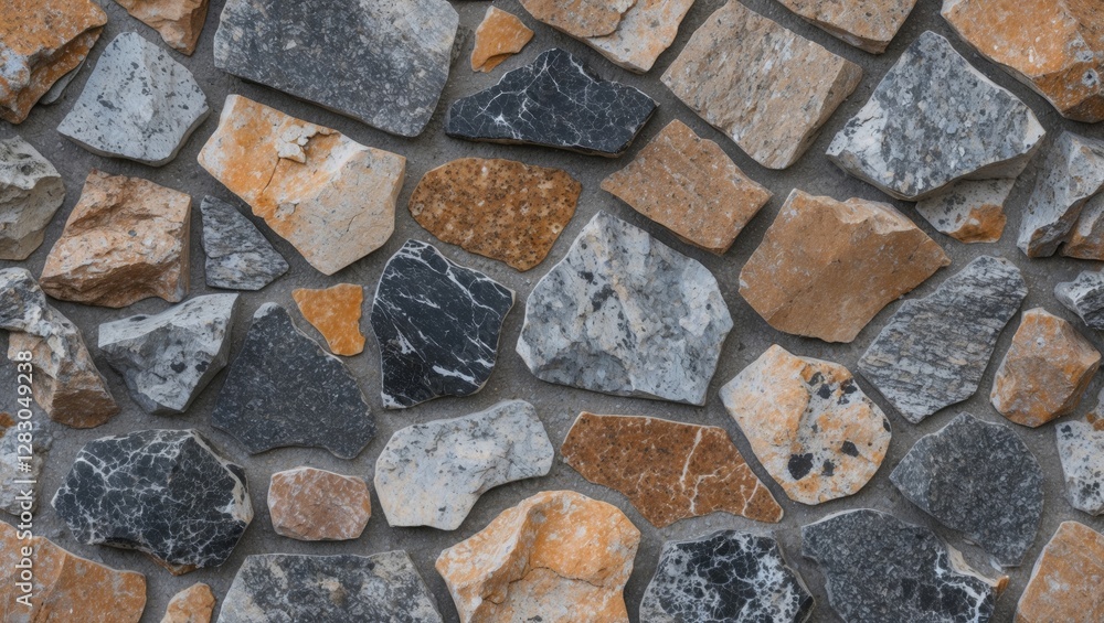 Poster textured background of various stone pieces in different colors and sizes arranged in a wall pattern