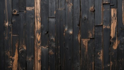 Fototapeta premium Black wooden wall texture with weathered details and contrasting patterns for backgrounds or design themes.