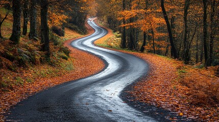 Obraz premium a picturesque rural road winding through the heart of an autumn forest with stunning fall foliage offering a scenic and peaceful nature travel experience