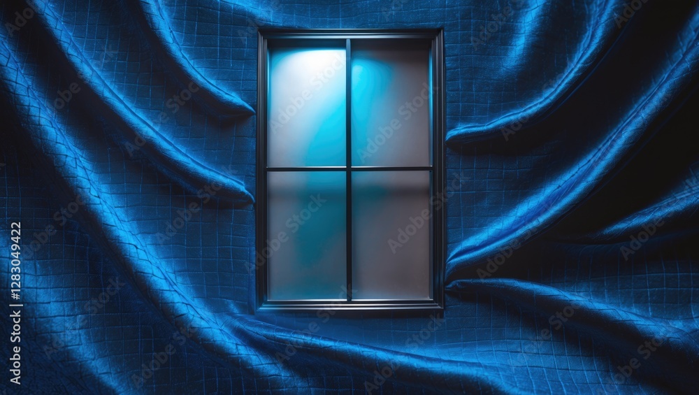 Aufkleber elegant blue silk fabric with a checkered pattern framing a stylish window creating a serene and sop