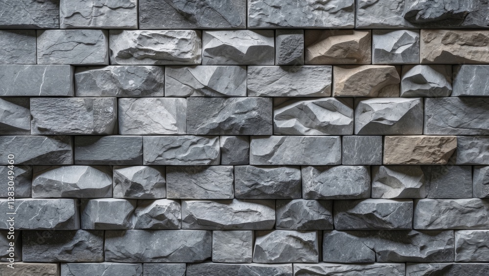 Poster grey textured stone wall with varying shades and shapes of stones arranged in a block pattern backgr