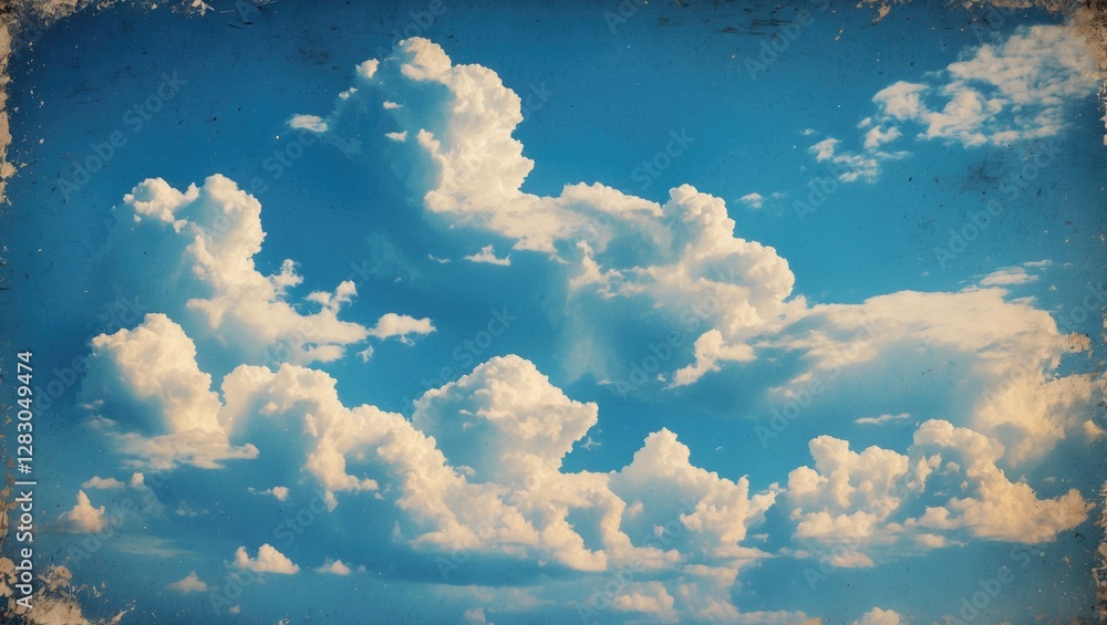 Poster serene blue sky with fluffy clouds in vintage grunge style creating a tranquil and nostalgic atmosph