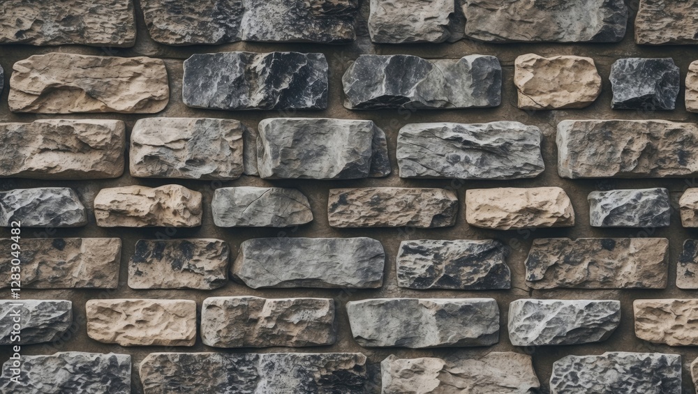 Poster textured stone wall composed of variously sized rectangular stones in shades of gray and beige arran