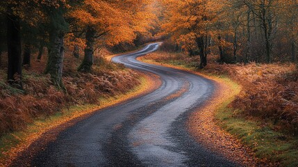 Fototapeta premium a picturesque rural road winding through the heart of an autumn forest with stunning fall foliage offering a scenic and peaceful nature travel experience