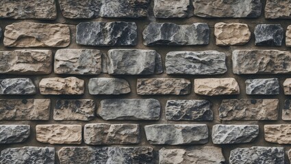 Fototapeta premium Textured stone wall composed of variously sized rectangular stones in shades of gray and beige arranged in a pattern.