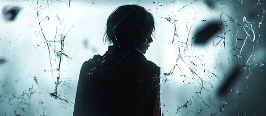 Ethereal shattered glass effect with a shadowy figure in profile against a pale blue background creating an atmosphere of mystery and intrigue.