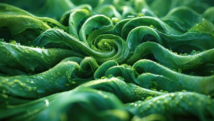 Obraz premium Close-up of vibrant green algae with water droplets, showcasing intricate swirls and textures in a natural setting.