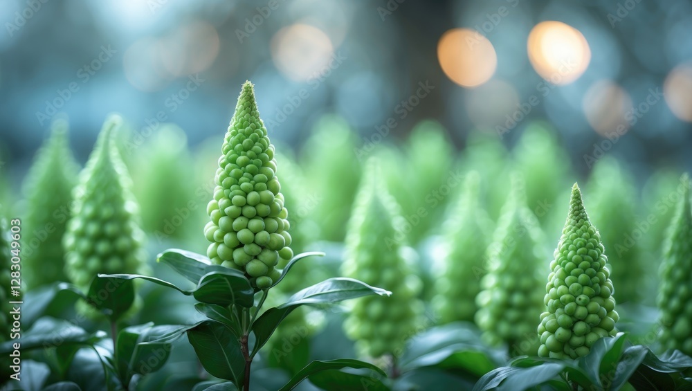 Poster lush green ornamental plants with blurred background creating a serene and calming nature scenery fo