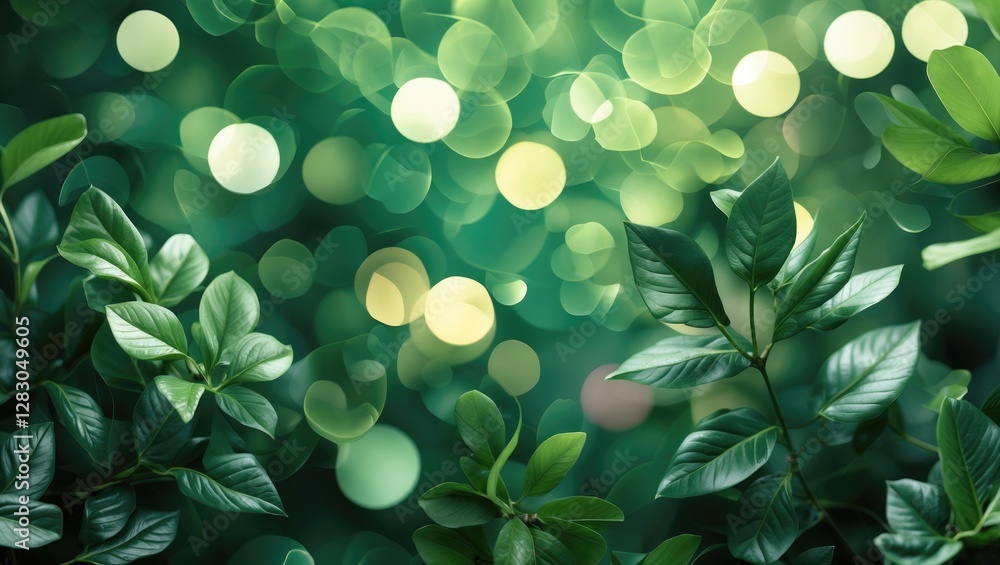 Poster close-up of green leaves with bokeh background in soft focus representing nature and tranquility in 