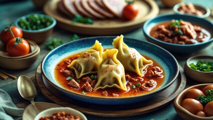Healthy turkey meat ravioli dumplings served in savory sauce with fresh ingredients and garnishes for an appealing meal presentation.