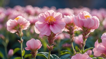 Obraz premium Pink flowers in bloom with soft petals and green leaves in a field, showcasing natural beauty and vibrant colors during daytime.