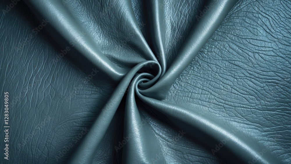 Poster textured teal faux leather fabric twisted in a circular pattern creating folds and ripples in the ma