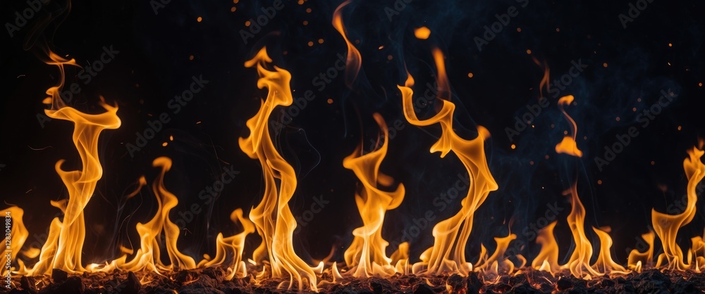 Poster bright flames dancing against a dark background with sparks and smoke creating a dynamic visual effe