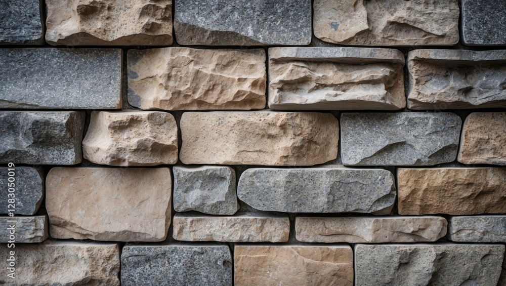 Poster textured stone wall with various shapes and colors in a close-up view showcasing natural building ma