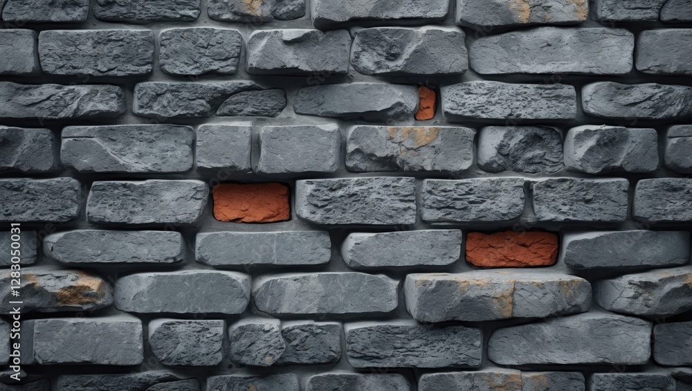 Poster gray stone brick wall with textured surface and irregular red bricks filling gaps in the structure