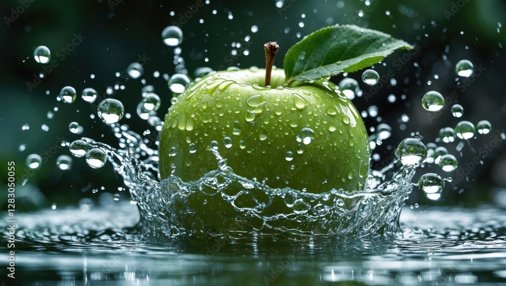 Poster fresh green apple with water droplets creating a splash in a rippling water surface background
