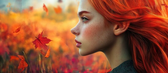 Naklejka premium Vibrant red-haired girl in profile against a colorful autumn landscape with orange and red leaves, soft focus and warm lighting.