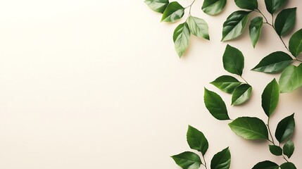 Green leaves arranged on a beige background