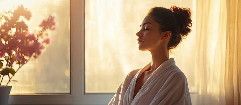 Serene woman in light bathrobe meditating by bright window with sunlight streaming through sheer curtains and soft pink flowers in background