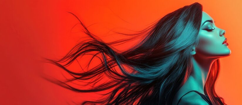 Vibrant profile of a woman with flowing dark hair against a gradient background of intense red and teal hues, highlighting elegance and movement.