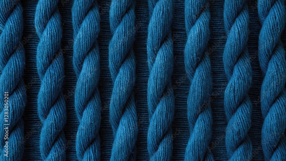 Poster textured blue knitted ribbing fabric background with twisted yarn strands creating a rich visual dep