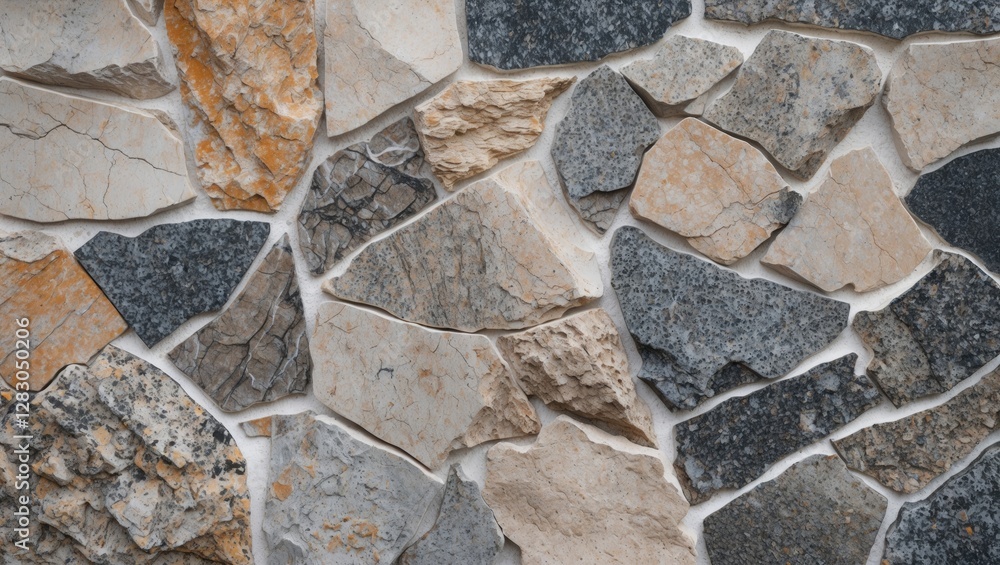 Poster textured wall composed of various natural stone pieces in different colors and sizes arranged in a m