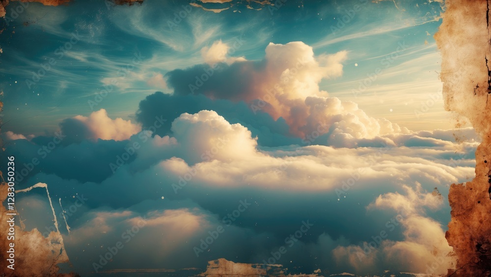 Aufkleber clouds viewed from above during sunset with a vintage distressed frame effect creating an artistic a