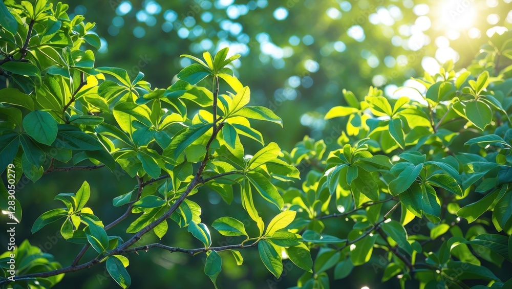 Poster green leaves of a tree illuminated by sunlight in a natural outdoor setting during daytime with boke