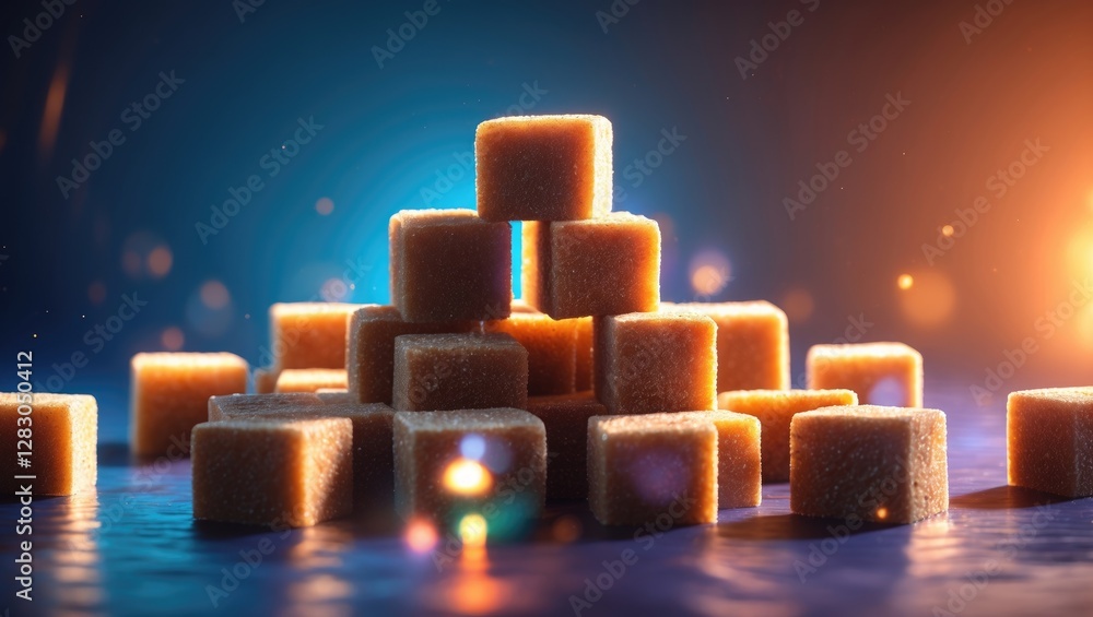 Poster brown sugar cubes stacked artistically against a blurred gradient background creating a warm and inv