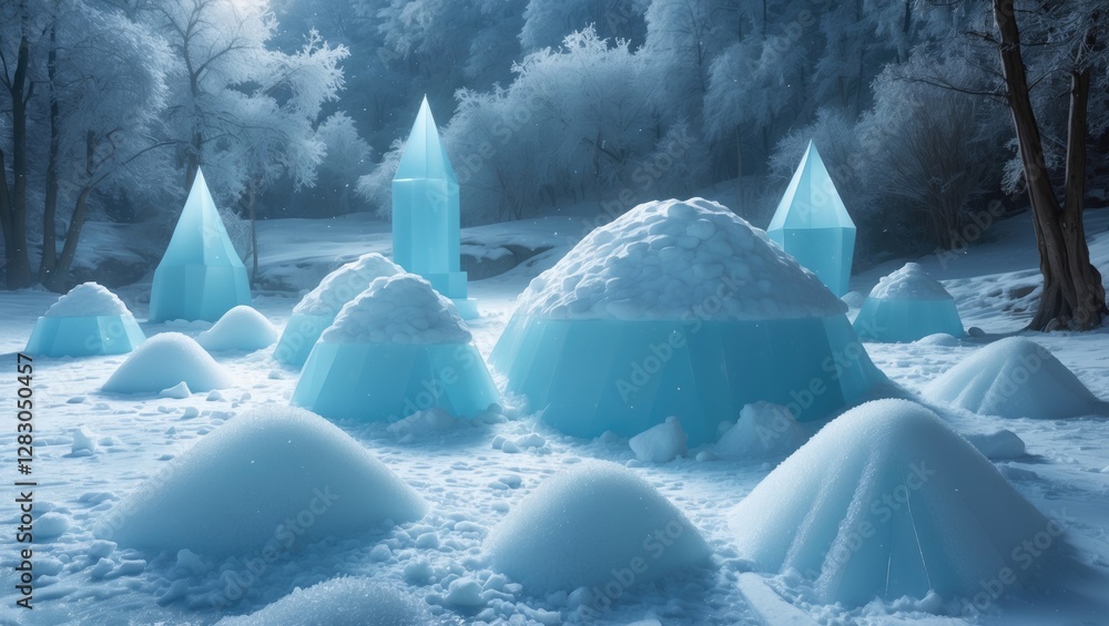 Poster ice formations and crystal structures in a snowy landscape under frosty conditions with trees in the