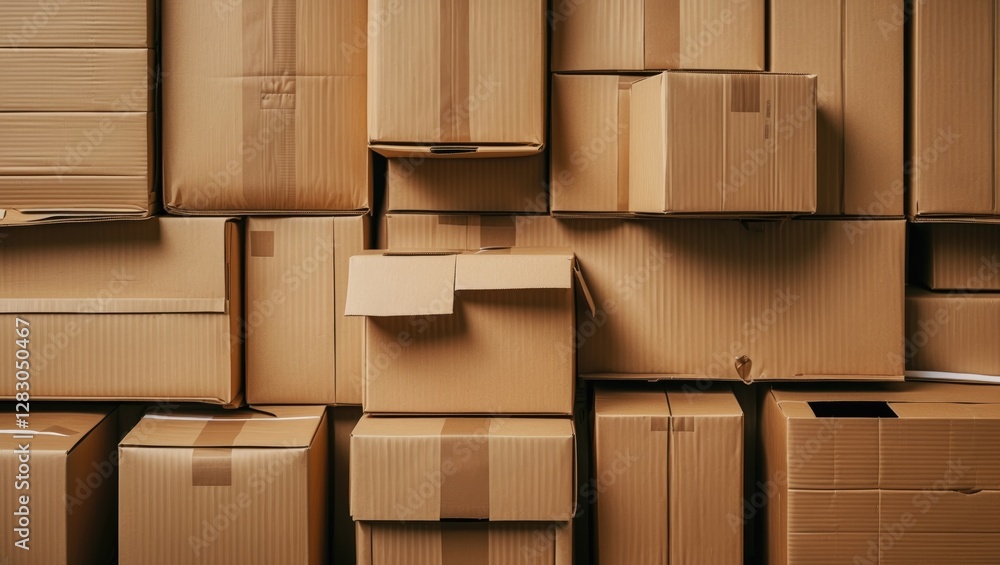 Poster cardboard box texture background showcasing stacked recycled brown paper boxes in varying sizes and 