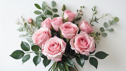 Bouquet of delicate pink roses with green foliage on a white background showcasing elegance and beauty in floral arrangements.
