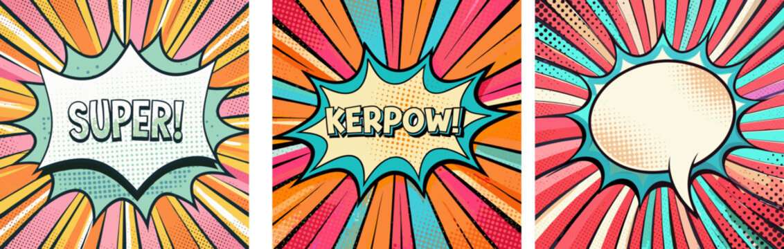 Set of vivid empty comic book speech bubble, Kerpow and Super bold text on retro pop art background, for socail media posts and poster design