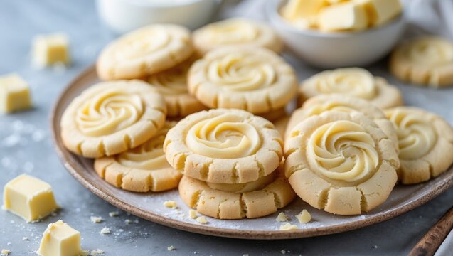 Homemade butter cookies with creamy frosting on a wooden plate with butter cubes and crumbs on a marble surface - Powered by Adobe