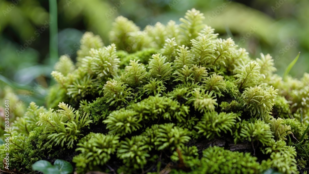Poster close-up view of lush green moss covering a log in a natural forest environment with soft lighting a