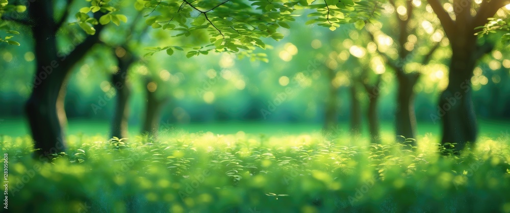 Poster tranquil green forest landscape with soft sunlight filtering through lush trees creating a serene an
