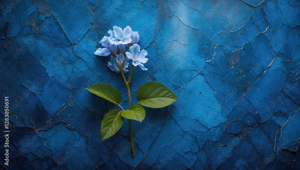 Poster blue textured background with a delicate blue flower and green leaves creating a serene and artistic