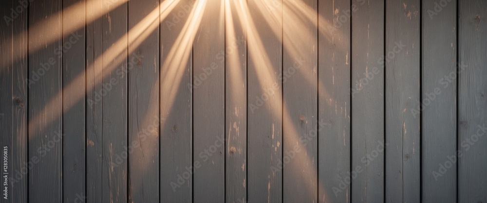 Poster wooden wall with rays of light illuminating the surface creating a textured and dramatic effect