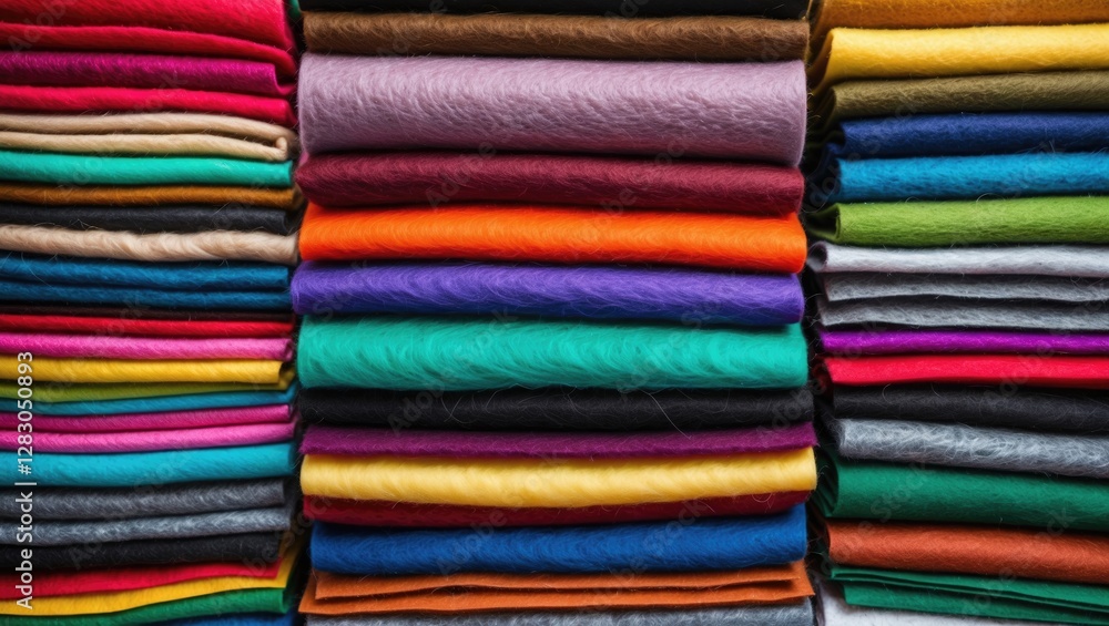 Poster stacked assortment of colorful fabric sheets in various sizes and textures arranged neatly for texti