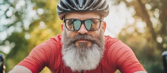 Active senior man with a gray beard wearing sunglasses and a helmet, dressed in a red cycling jersey, smiling outdoors in a green park setting.