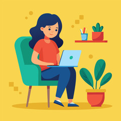 a girl is using his laptop vector	