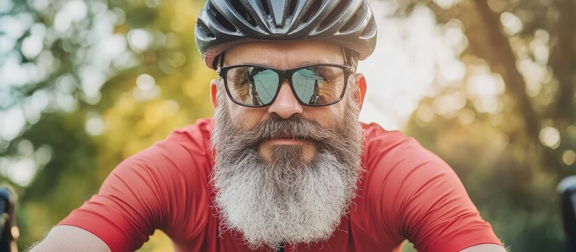 Active senior man with a gray beard wearing sunglasses and a helmet, dressed in a red cycling jersey, smiling outdoors in a green park setting.