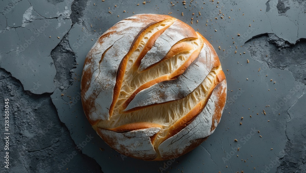 Poster artisan round bread with scored crust on gray textured surface with crumbs around. high angle view s
