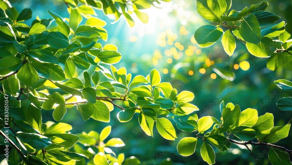 Poster lush green leaves with sunlight filtering through creating a natural and vibrant background with bok