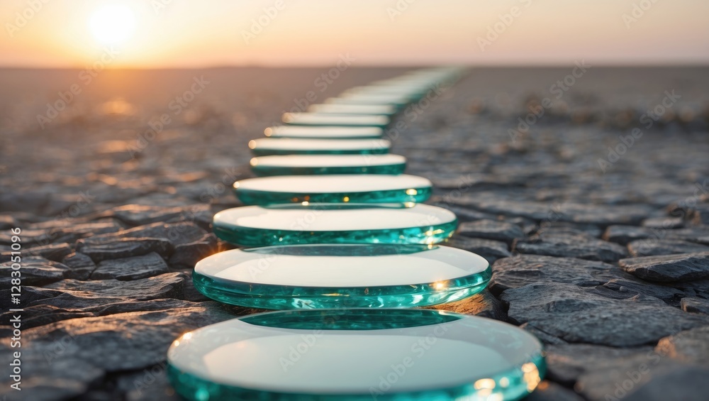 Poster glass discs arranged on a textured surface at sunset creating a unique pathway in a natural landscap