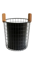 Stylish black wire basket with wooden handles.