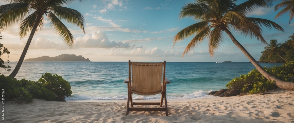 Poster beach chair with ocean view and palm trees perfect for relaxation and vacation concepts featuring co